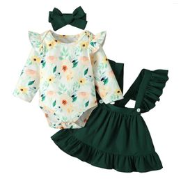 Clothing Sets Infant Baby Girls 3 Pieces Outfits Leaves Floral Print Long Sleeve Romper Solid Color Ruffles Strap Skirt Headband Set