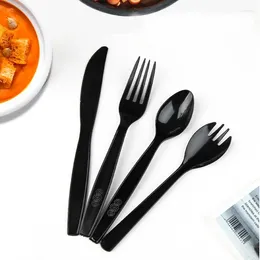 Forks 25Pcs Plastic Spoons Knife Set Bulk Flatware Black Disposable Cutlery Reusable Racing Birthday Supplies Tableware