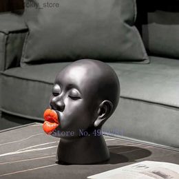 Arts and Crafts Resin Abstract Human Sculpture Black Person Red Lips African Style Statue Human Face Handicraft Furnishins Home DecorationsL2447