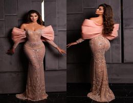 Shiny Sequins Beads Prom Dresses 2023 Elegant Pink Mermaid Evening Dress Custom Made Long Sleeves Glitter Women Celebrity Party Go9982656