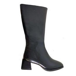 woman shoe Winter casual round toe long leather boots, thick heels, knee high boots, women's shoes