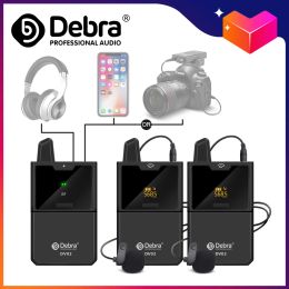 Microphones Debra DV01/02 UHF Wireless Lavalier Microphone Audio Monitor 50M Range Clipon Lapel Microphone for Phone DSLR Camera Recording