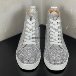 Casual Shoes Fashion Designer Leather High Top Men's Women's Silvery Rhinestone Board Night Club Lovers Red Soled Sh