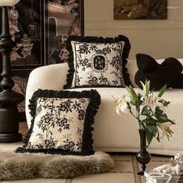 Pillow Luxury Lace Velvet Cover Black White French Vintage Square Pillowcase Shell Elegant Home Office Bedroom Decoration 45cm