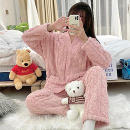 Home Clothing Women Pyjamas Flannel 2PCS Sleepwear V-neck Sleep Sets Winter Shirt&Pants Casual Pyjamas Suit With Pocket Wear Nightwear