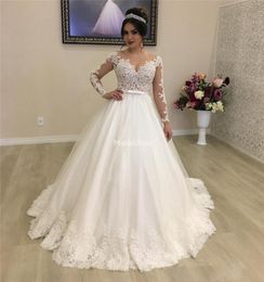 Luxury Lace Princess Ball Gown Wedding Dresses Sheer Neck Illusion Long Sleeves Appliques Sweep Train Bridal Gowns Country Vestido1030711