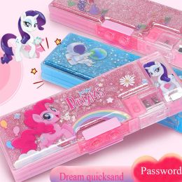 Cases Pencil Case Kawaii Password Quicksand Estuche Para Lapices Estojo Box Cases Trousse Unicorn Multifunction Korean Stationery Etui