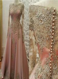 New Pink Evening Dresses For Women Wear Jewel Neck Long Sleeves Lace Appliques Crystal Bling Beaded Plus Size Prom Dresses Party G8284729