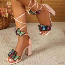 Dress Shoes Womens 3D Butterfly Decor High Heels Fashion Square Toe Strappy Sandals Stylish Summer Party Dress Sandals