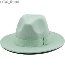 Wide Brim Hats Bucket Simple 7CM Womens Fedora Hat with Bee Ribbon Autumn Winter Wedding Party Trilby Mens Gentleman Jazz yq240407