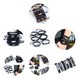 Charm Bracelets Rope Weave Braided Leather Bracelet Vintage Style Diy Combination Set Stam Woven Men Drop Delivery Oteuz