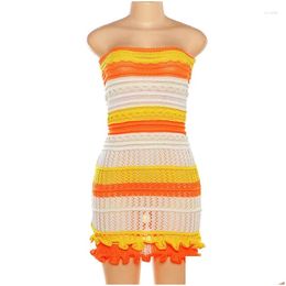 Basic Casual Dresses Orange Striped Knitted Tube Women Summer 2024 Fashion Y Hollow Out Backless Strapless Ruffles Mini Bodycon Sundre Dhkec