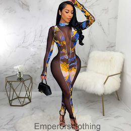 Autumn new sexy perspective mesh stitching printed elastic tight nightclub Jumpsuit women