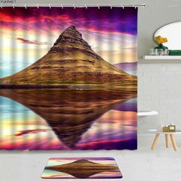 Shower Curtains 3D Natural Landscape Mountain Lake Curtain Reflection Scenery Forest Stone Bathroom Fabric Non-Slip Bath Mat Set