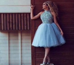 Sparkly Light Sky Blue Short Cocktail Dresses Lace Sequins Beading Homecoming Dress Puffy Tulle Short Party Prom Dresses Graduatio5130938