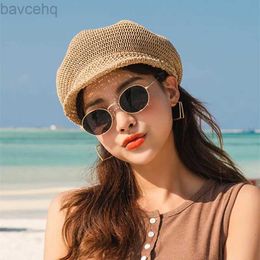 Wide Brim Hats Bucket Hats Octagonal Cap Straw Women Summer Thin Newsboy Cap Painter Adjustable Rope Knitted Beret Mesh Breathable Boinas Para Mujer 240407