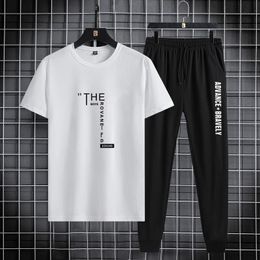 Trendy printed mens sports suit summer casual Tshirt leggings two piece set thin and breathable solid Colour 2024 prod 240329