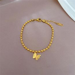 Charm Bracelets 2 Layers Frosted Butterfly Bangles For Women Stainless Steel Ball Chain Pulseras Para Parejas Gold Colour Hand Link