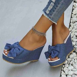 Dress Shoes Womens Denim Wedge Sandals Bowknot Peep Toe Slip On High Heels Fashion Slingback Platform Sandals