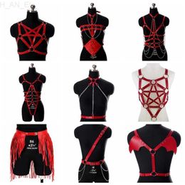 Belts Red lingerie leather strap chain punk fashion street bound top chest pentagonal sexy hanging adjustable club danceC240407