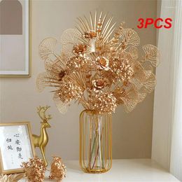 Decorative Flowers 3PCS Three-pronged Fan Leaf Netting Artificial Gold Ginkgo Eucalyptus Holly For Wedding Arch Flower Arrangement Home