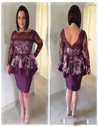 Plus Size Elegant Lace Knee Length Mother Of The Bride Dresses Peplum Bateau Long Sleeves Mother Dresses Short Party Formal Gown9401827
