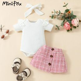 Clothing Sets MiniFox Baby Tweed For Girls White Bodysuit And Pink Skirts 3pcs 2024 Clothes Summer Outfits