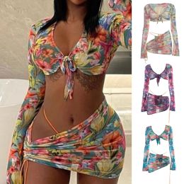 Women Sexy Floral Print Mesh 3 Pieces Set Long Sleeve Tie Knot Front Crop Top with Thong Side Drawstring Ruched Mini