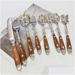 Dinnerware Sets Western Cutlery Set Knife Fork Spoon Brown Wooden Handle Stainless Drop Delivery Dhicv