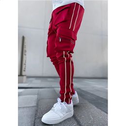 Spring And Autumn Cargo Pants Mens Fashion Brand Elastic Multi-bag Reflective Straight Leg Sports Fitness Casual Pants 240403