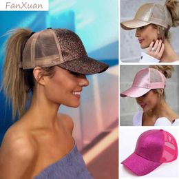 Ball Caps Womens ponytail baseball hat with shiny glitter sequins womens summer mesh Sunhat solid Colour high-density bread Q240403