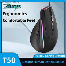 Mice ZELOTES T-50 Vertical Ergonomic USB Wired Mouse 9-Key RGB 12800 DPI Adjustable Mouse for PC Laptop Desktop Laptop Y240407