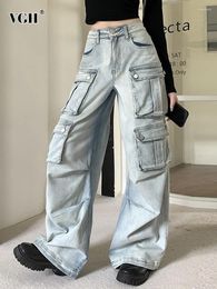 Women's Jeans VGH Solid Patchwork Pocket Denim Trousers For Women High Waist Spliced Button Casual Loose Wide Leg Pants Female Fashion Style