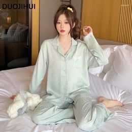 Home Clothing DUOJIHUI Autumn Solid Colour Women's Pyjamas Set Korean Sweet Chic Button Cardigan Casual Simple Pant Loose Female Sleepwear