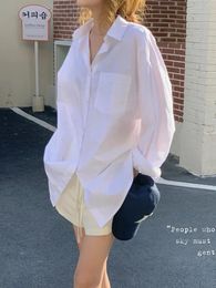 Casual Street Womens Loose Chic Harajuku Blouse Shirt with Boyfriend Blue White Pocket SL Fashion Korean Simple 240407