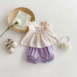 Clothing Sets Spring Baby Girls Suit Korean Purple Flower Embroidered Sleeveless Top Shorts 2pcs Clothes 0-3 Years Old