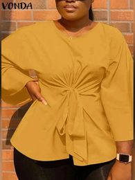 Plus Size VONDA Women Fashion Blouse 3/4 Sleeve Waist Pleated Bandage Tunic Tops Summer Shirt Elegant Casual Solid Blusas 240329