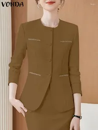 Women's Suits VONDA 2024 Women Elegant Blazer Fashion Long Sleeve Coats O-Neck Casual Solid Colour Buttons Streetwear Tunic Tops Female