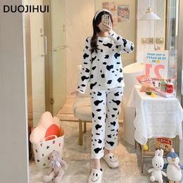 Home Clothing DUOJIHUI Winter Spell Colour Warm Pyjamas For Women Fashion O-neck Pullover Basic Simple Pant Loose Casual Female Set