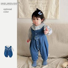 Clothing Sets 2024 Spring In Kids Infant Girls Casual Set 2pcs - Born Baby Plaid Top Long Sleeve Shirts Denim Jumpsuits 0-2Y