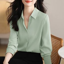 LKSK Autumn Womens Simple Design Satin Shirt Vintage Top Long Sleeve Office OL 240407