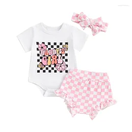 Clothing Sets Summer Infant Baby Girl Clothes Set Short Sleeve Letter Print Romper Shorts Plaids Headband Outfits