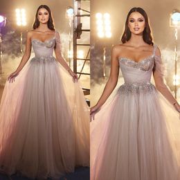 Fabulous tulle a line Evening Dresses elegant Sequins beaded straps Party Prom Dress Pleats formal dresses for women
