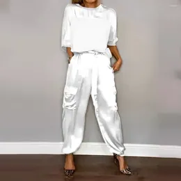 Women's Two Piece Pants Three-quarter Sleeve Suit Elegant Satin Top Set With Lace-up Waist Three Quarter Sleeves Casual Pockets Soft