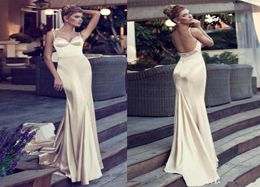 Gorgeous Champagne Gold Mermaid Evening Dresses Spaghetti Straps Sweetheart Beaded Low Back Satin Chapel Train Prom Gowns Party Dr2527585