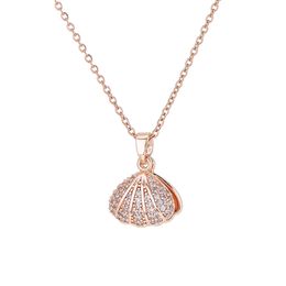 Korean version of fashionable shell pearl necklace with diamond inlay titanium steel non fading necklace feminine fan-shaped pendant internet red jewelry