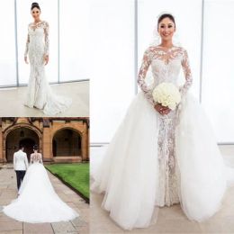 Dresses Retro Lace Mermaid Wedding Dresses With Tulle Puffy Overskirt 2017 Spring Summer Long Sleeves Detachable Train Bridal Gowns Vestid