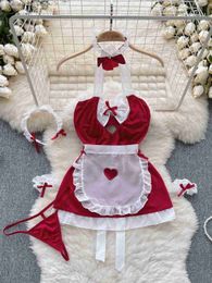 Sexy Set Maidservant Cosplay Erotic Valentines Day Nightdress Sweet Sexy Dress Suits Halter Hollow Out Porn Nightwear+Thongs L2447