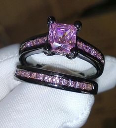 choucong Princess Pink stone 5A Zircon stone 10KT Black Gold Filled Wedding Band Ring Set Sz 5-11 Gift3104429