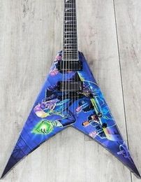 Handwork Dave Mustaine Rust In Peace Blue Flying V Electric Guitar Active Pickups 9V Battery Box Black Hardware Fin Inla6138865